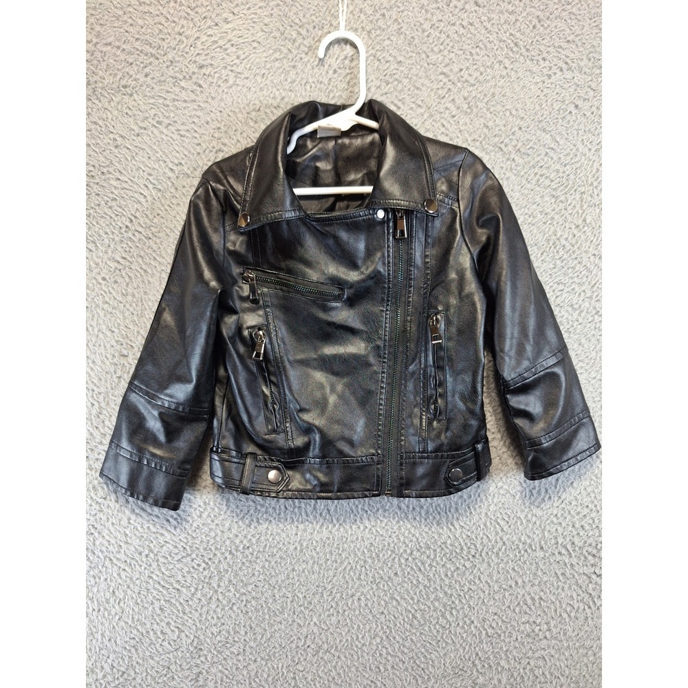 Lehour Girls Black PU Faux Leather Jacket Biker Style Size 120 Zipper Cute
